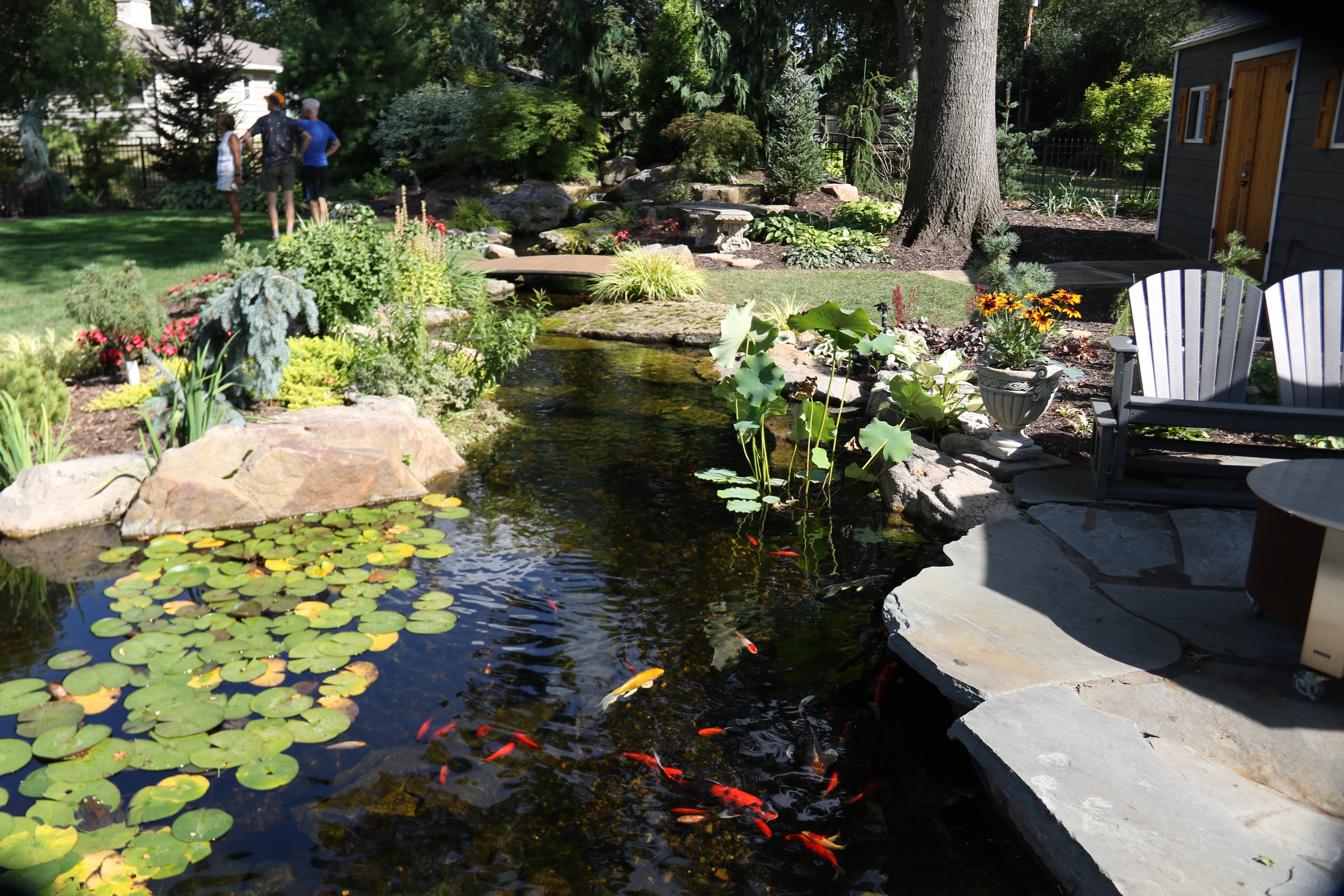 Backyard ecosystem pond with patio seating in Albert Lea Minnesota